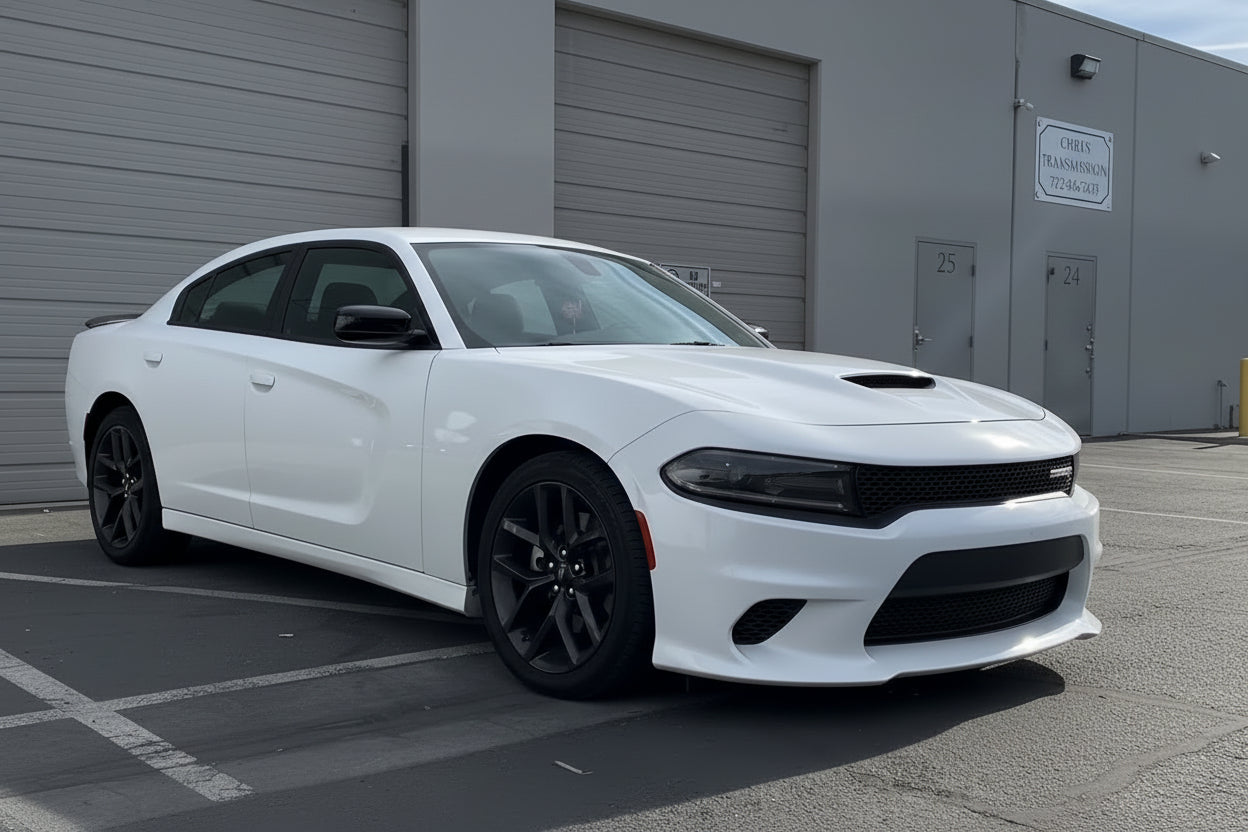 White sports car parked in front of a gray building